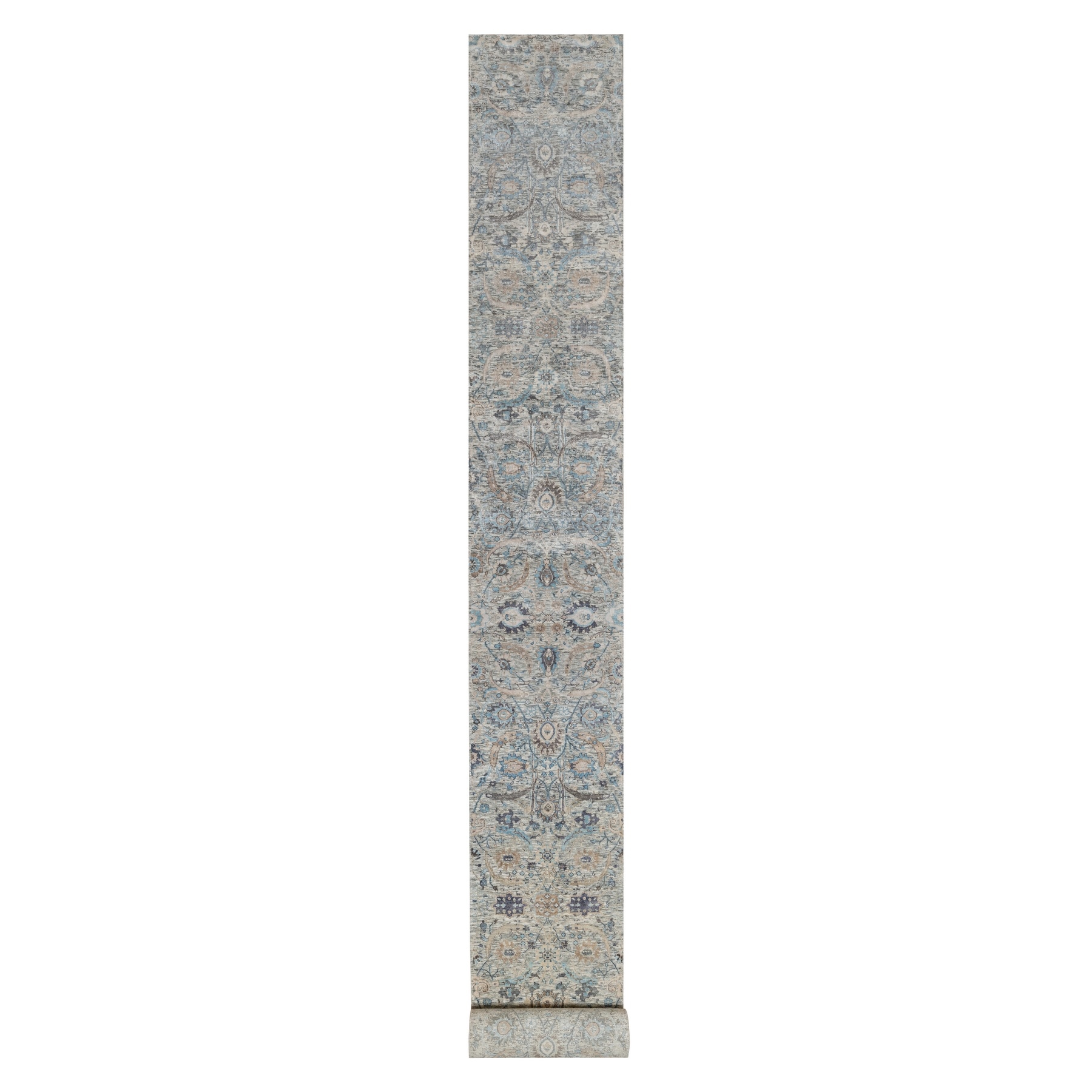 2'6"x27'9" Powder White, Sickle Leaf Design, Soft Pile, Silk with Textured Wool, Hand Knotted, XL Runner, Oriental Rug 